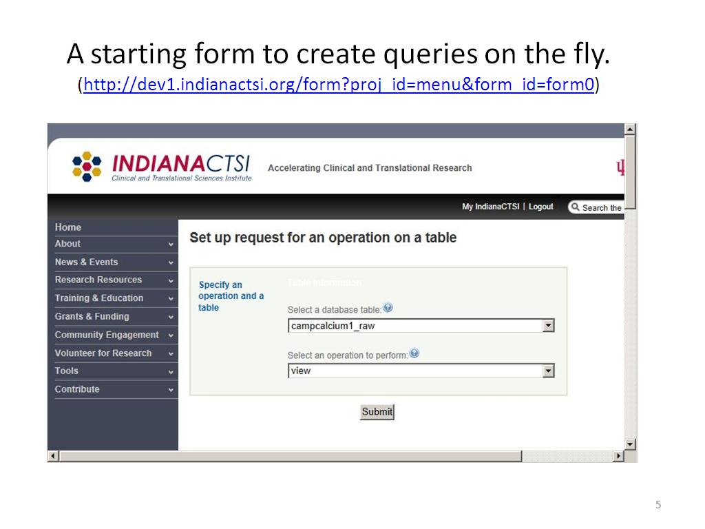 A starting form to create queries on the fly. (http://dev1.indianactsi.org/form?proj_id=menu&form_id=form0)