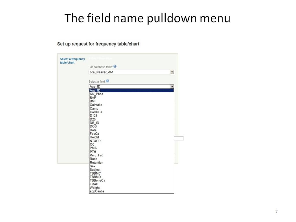 The field name pulldown menu