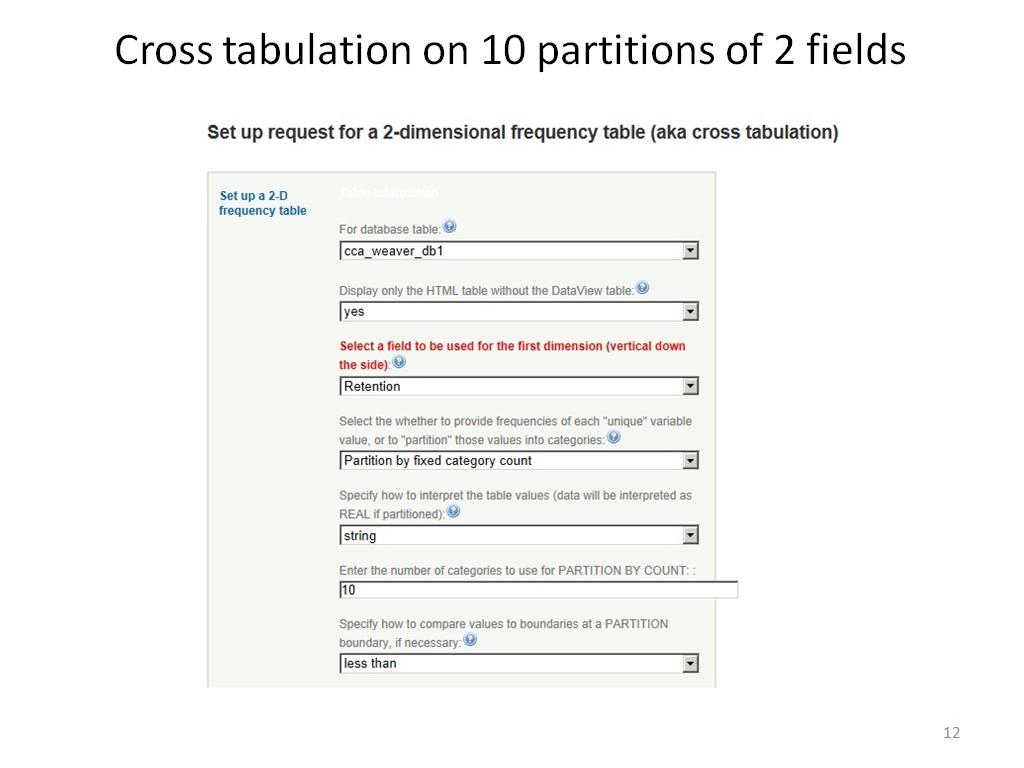 Cross tabulation on 10 partitions of 2 fields