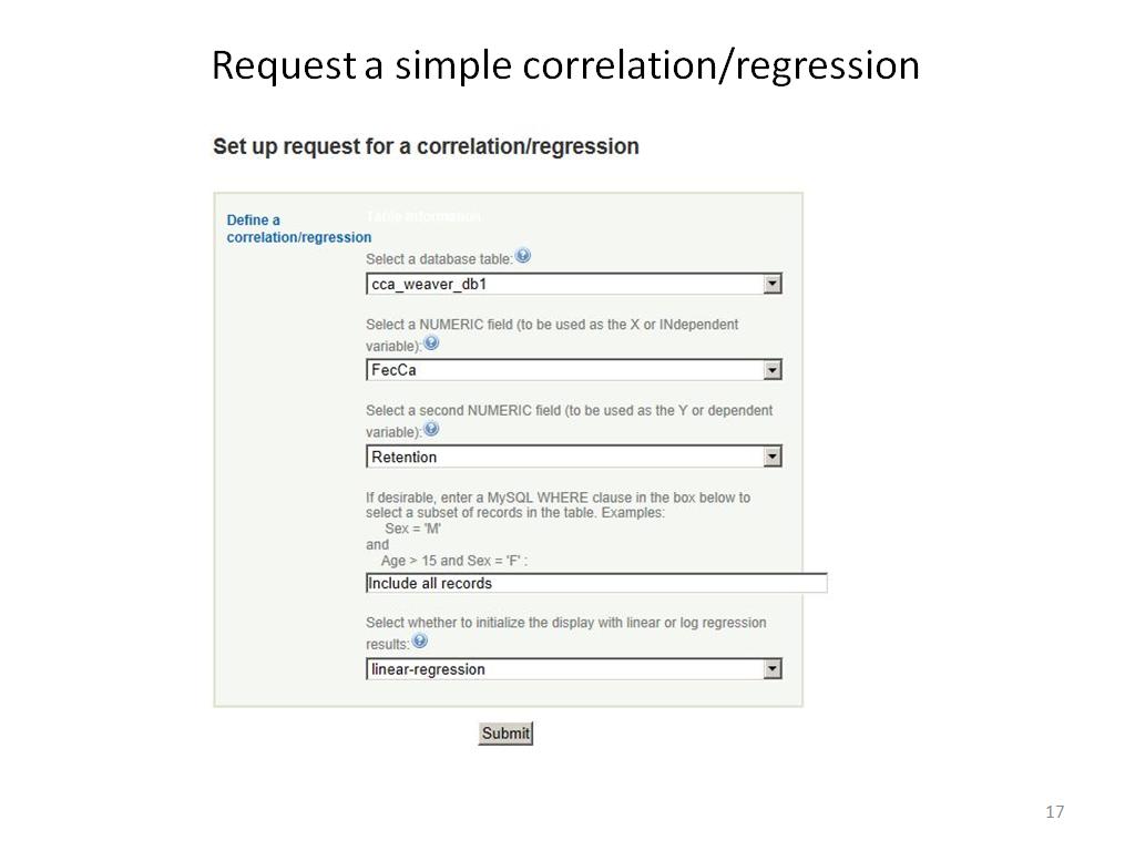 Request a simple correlation/regression