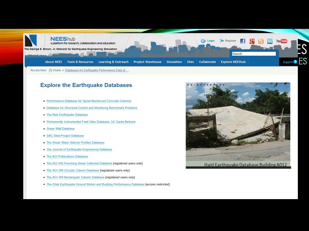 Disaster & Failure Studies databases for nist and NEES