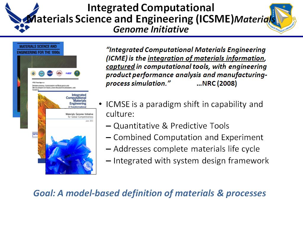 Integrated Computational Materials Science and Engineering (ICSME)Materials Genome Initiative